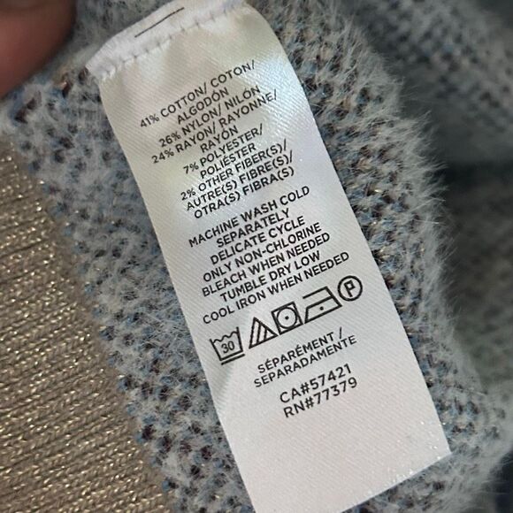 Ann Taylor Mock Neck Sweater Fair Isle Winter Blue Gray Maroon Shimmer Size M - Picture 7 of 11